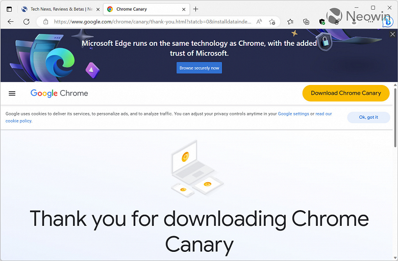 Microsoft рекламирует Edge прямо при загрузке Google Chrome